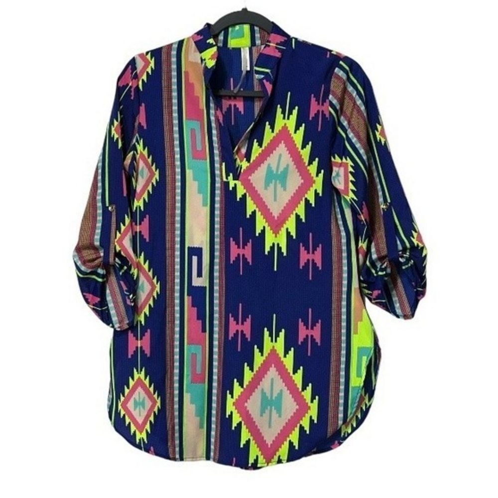 Auditions Women's Small Blue Geometric Print Tunic Top Roll Tab‎ Sleeve V-Neck